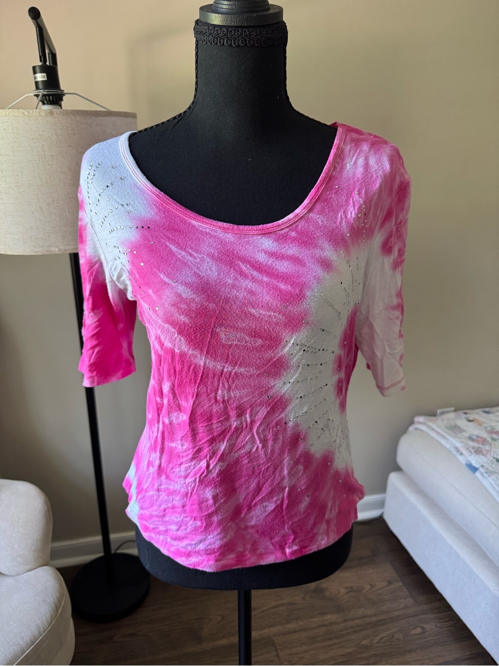 Y2K Women’s Pink Tie-Dye Scoop Neck Top with Rhinestone Detail